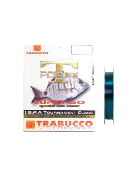 envase de hilo de nailon de la gama T-Force de Trabucco, con la imagen de un pez